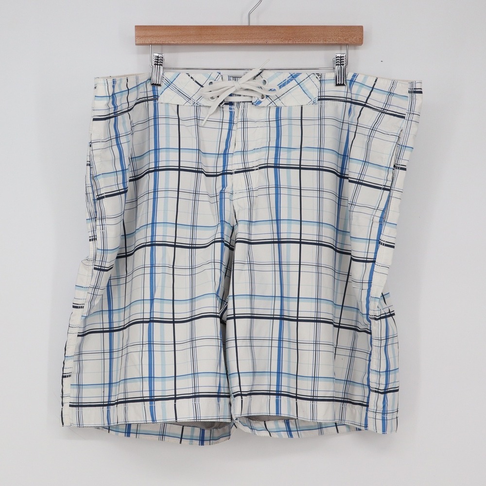 Old Navy Board Shorts Mens XXL Plaid White Blue Mesh Lined Swim Trunks Good